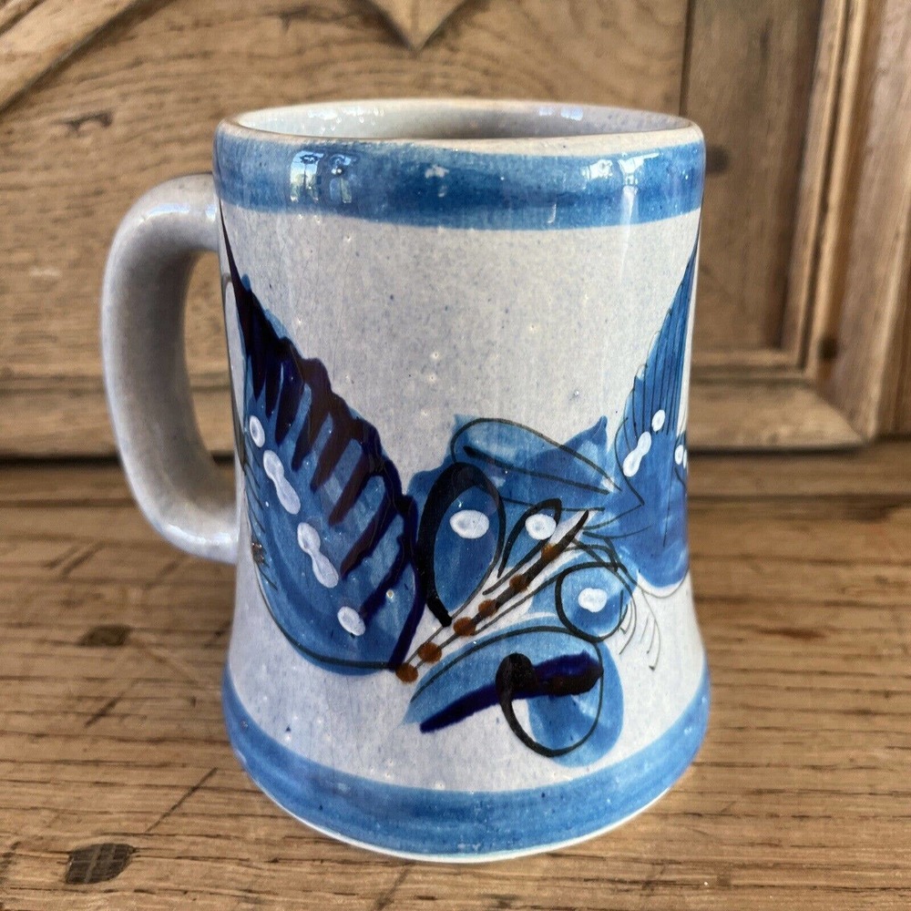 Vintage Tonala Mexican Pottery Mug Blue Bird & Butterfly 4.5" Stein Cup